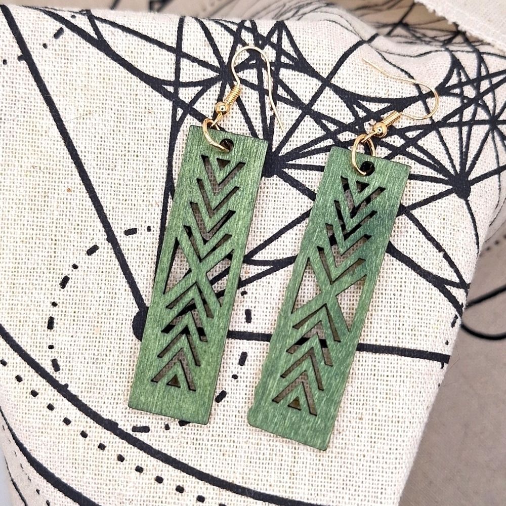 Green wood earrings rectangular hollowed out drop carved earrings